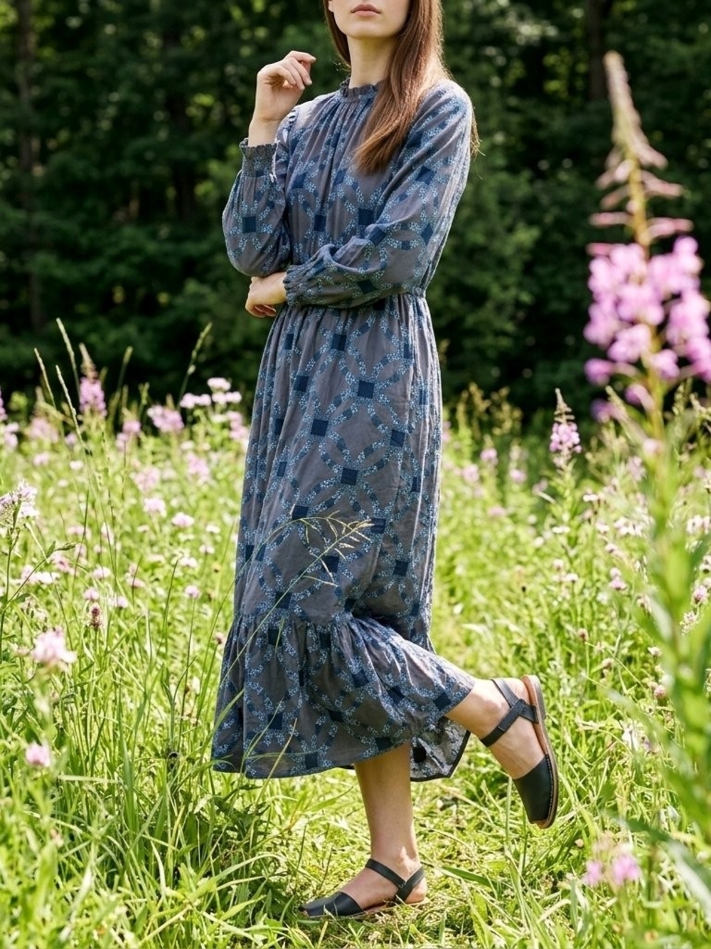 Universal Thread Floral Blue Long Sleeve Tiered Maxi Dress
